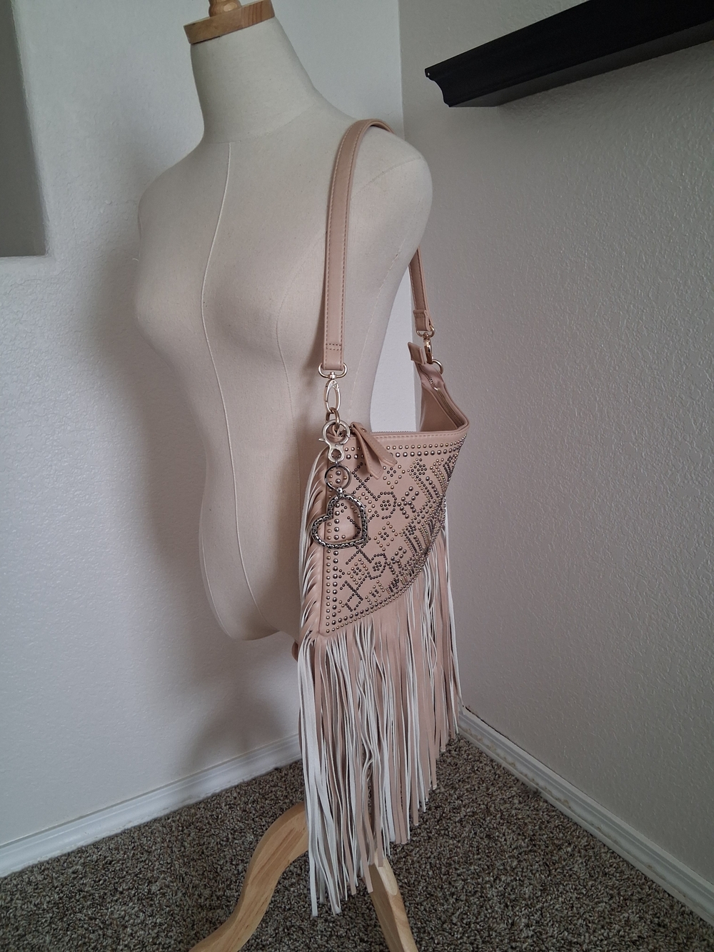 Imoshion Blush Tan Fringe Shoulder Bag with Stud Accents